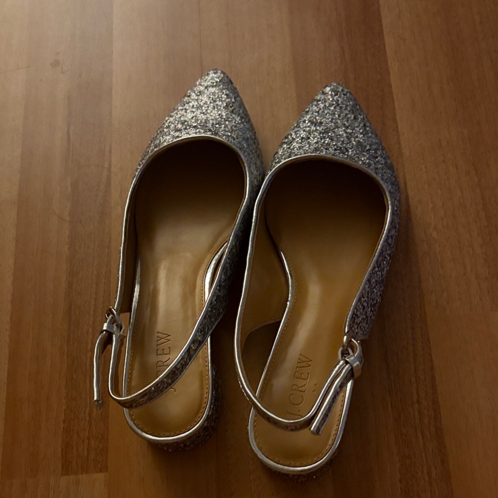 J. Crew Glittery Silver Slingback Heels